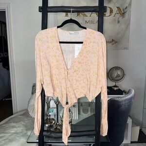 Sophie Rue Pink Floral Bishop Sleeve Tie Front Cropped Blouse Womens Small